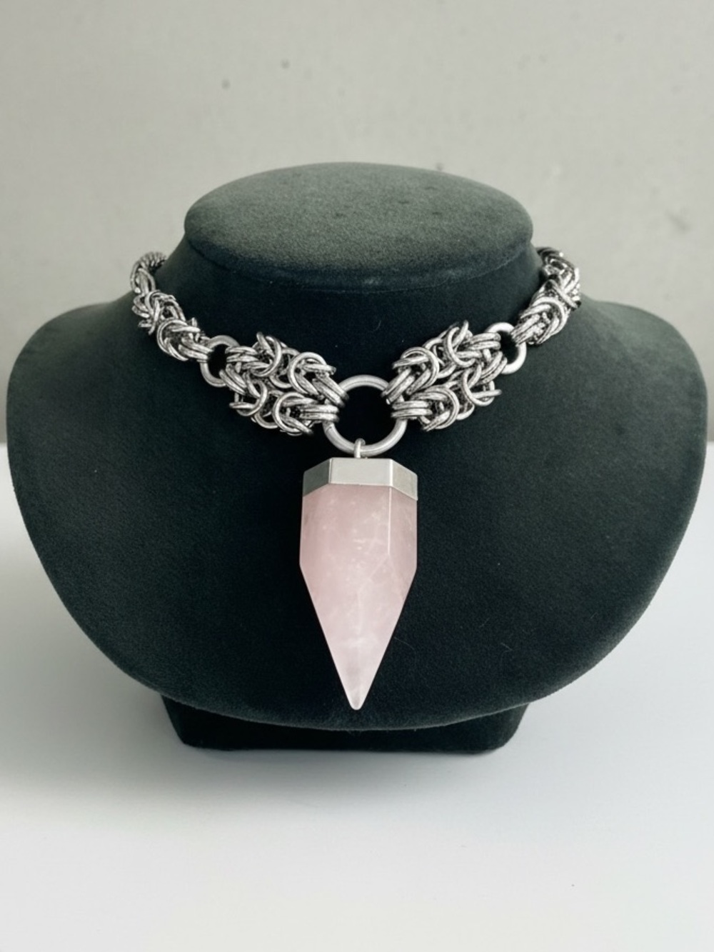 Genuine rose quartz crystal charm bullet maille silver boho choker necklace